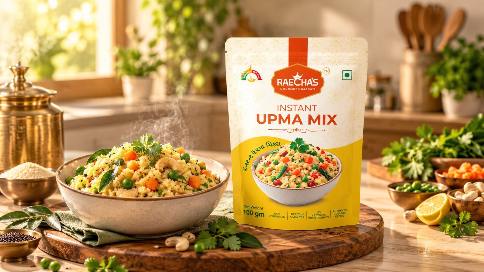 Raecha's Instant Upma Mix pouch beside a bowl of upma with peas, carrot and cashews.