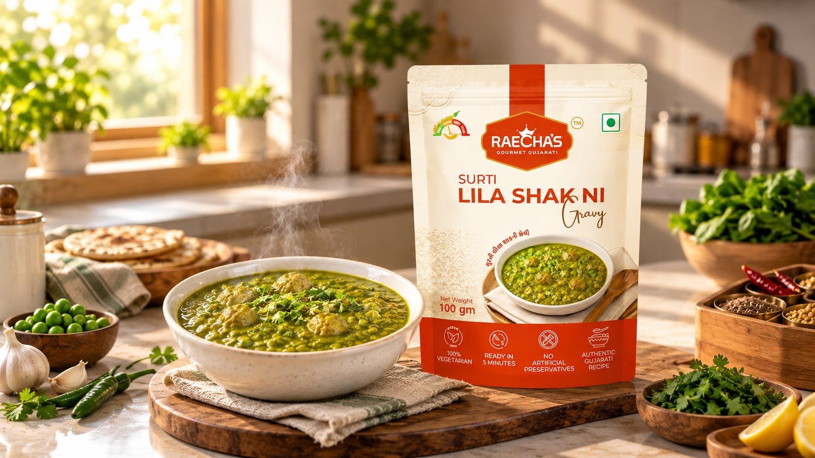 Raecha's Surti Lila Shak ni Gravy pouch beside a bowl of green lila shaak on a kitchen counter.
