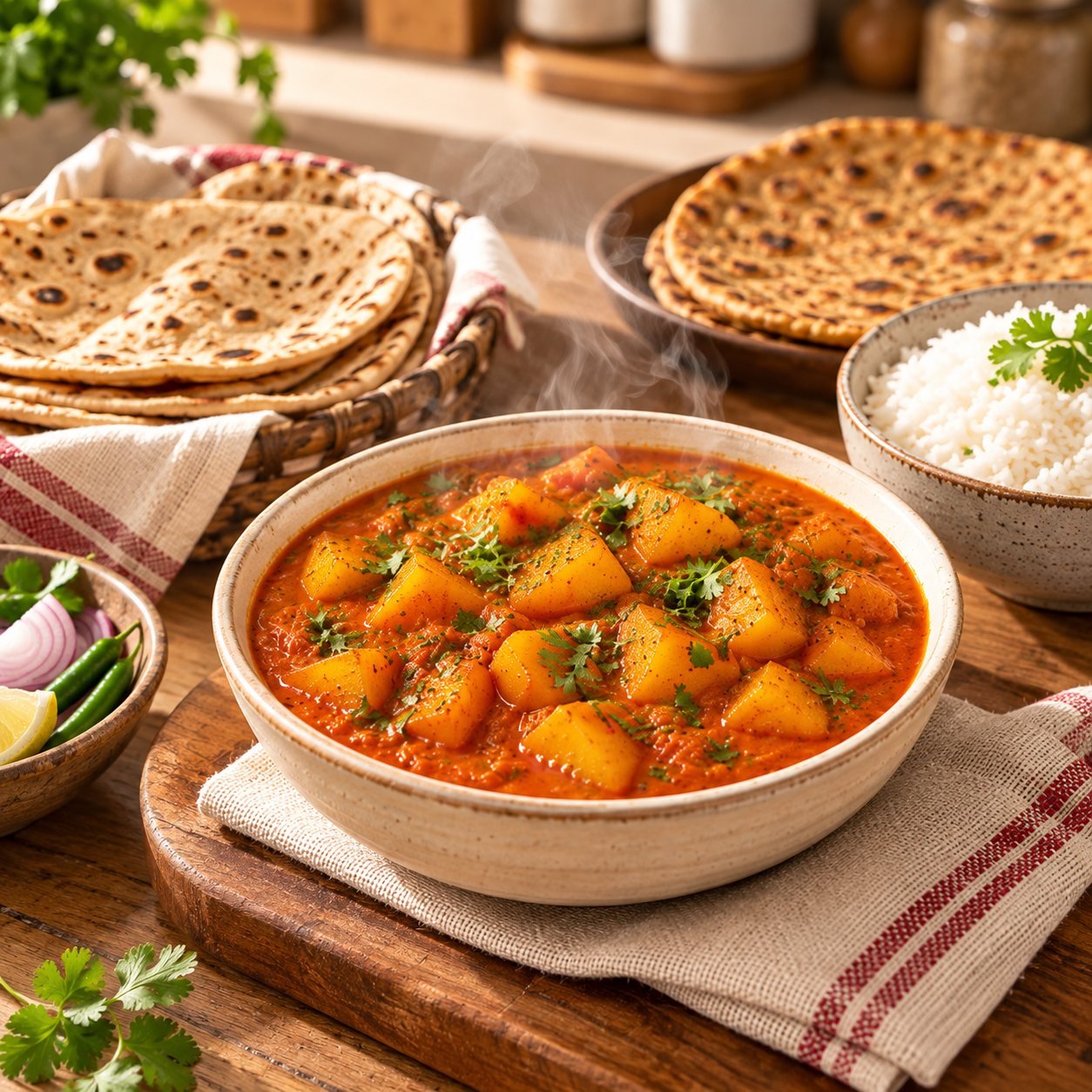 A bowl of khatta meetha bataka nu shaak served with rotli and rice.