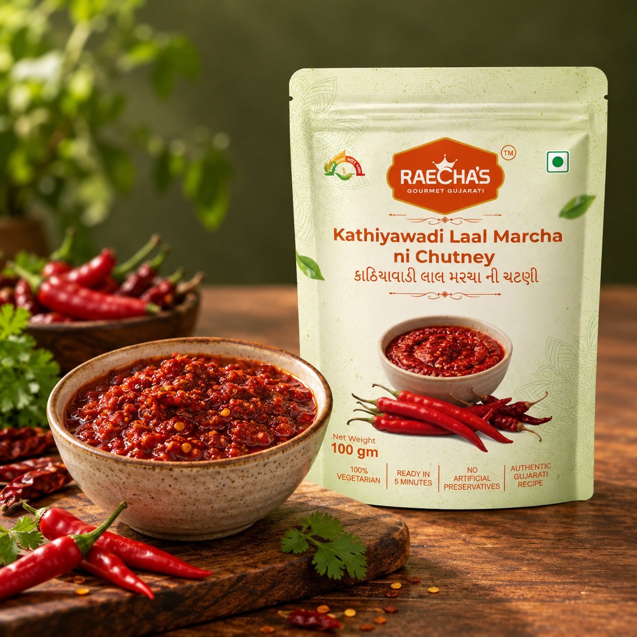 Raecha's Kathiyawadi Laal Marcha ni Chutney pouch beside a bowl of red chilli chutney with whole dried chillies.