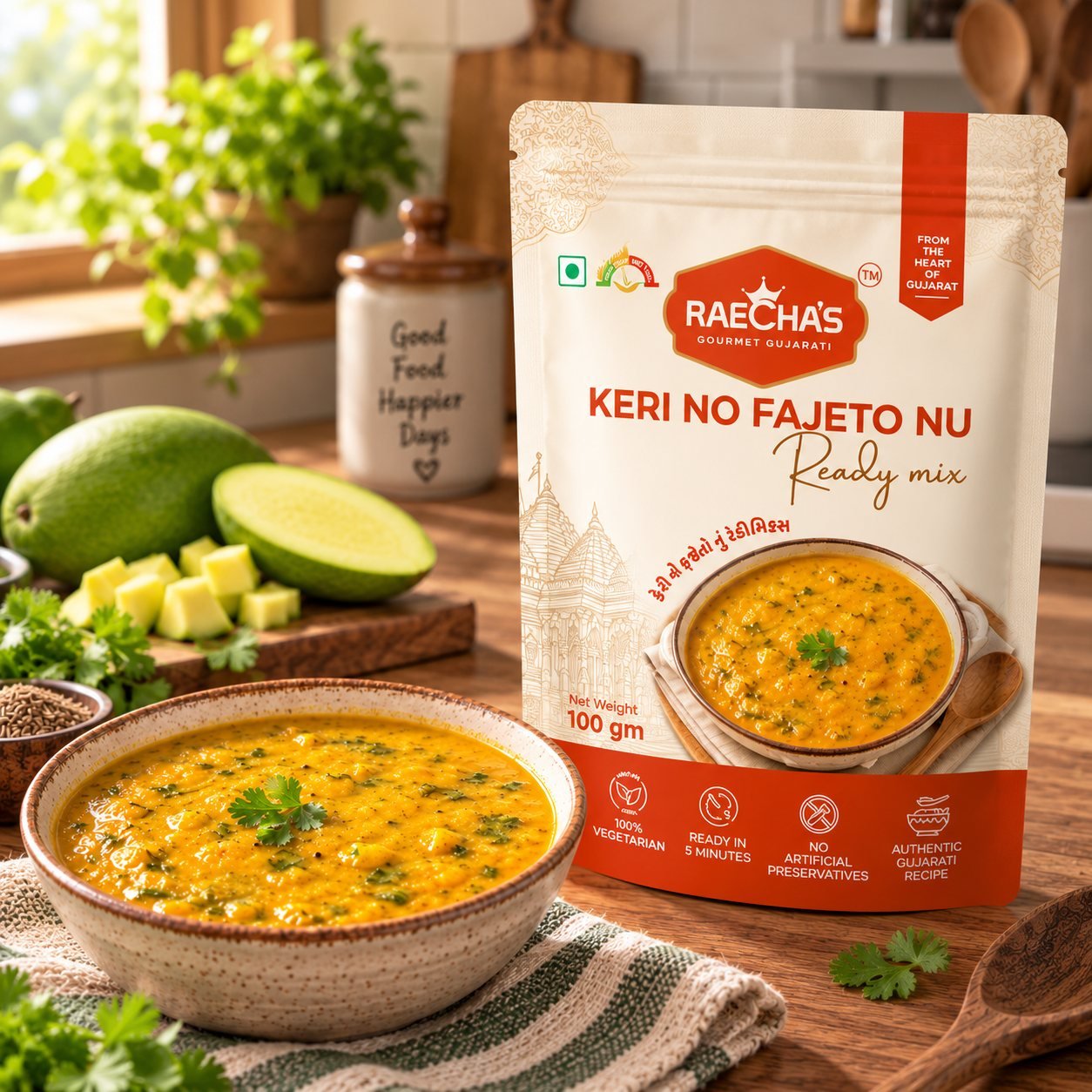Raecha's Keri no Fajeto nu Ready mix pouch beside a bowl of yellow mango fajeto, with whole green mangoes alongside.