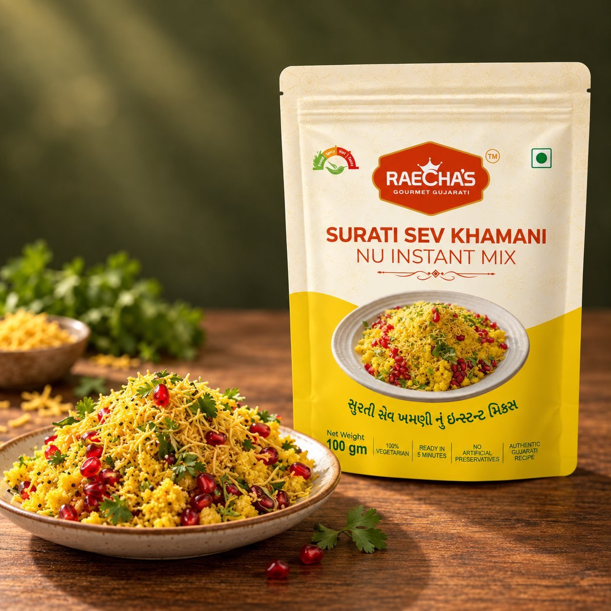 Raecha's Surati Sev Khamani nu Instant Mix pouch beside a plate of sev khamani topped with sev and pomegranate.