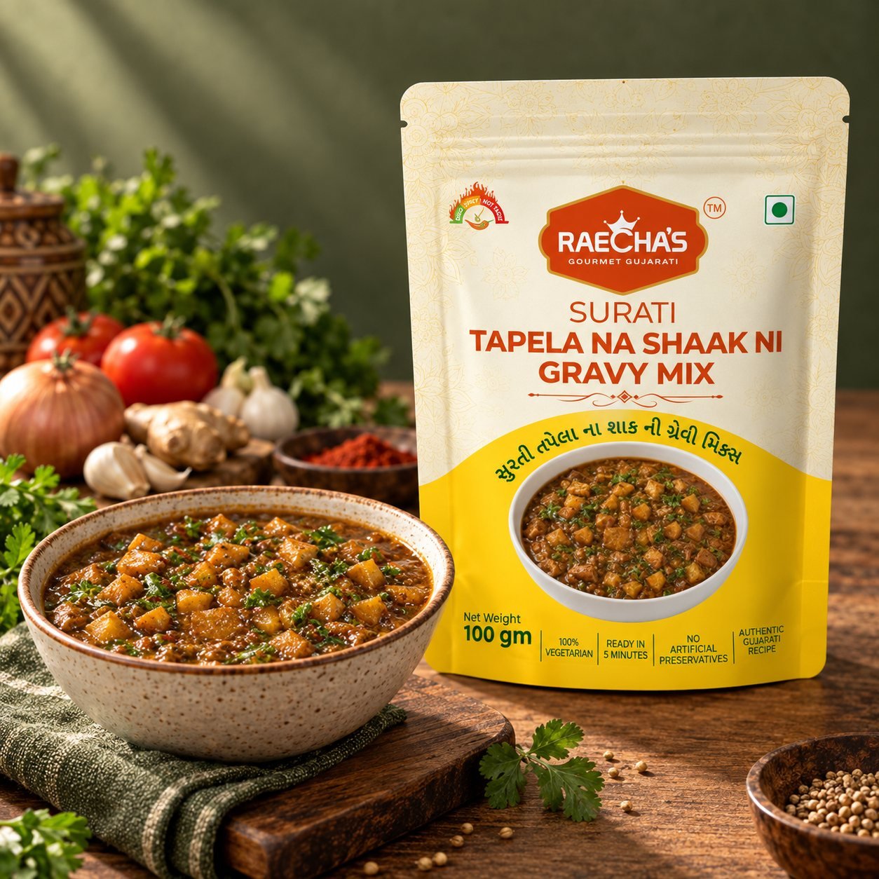 Raecha's Surati Tapela na Shaak ni Gravy Mix pouch beside a bowl of potato shaak with rotli.