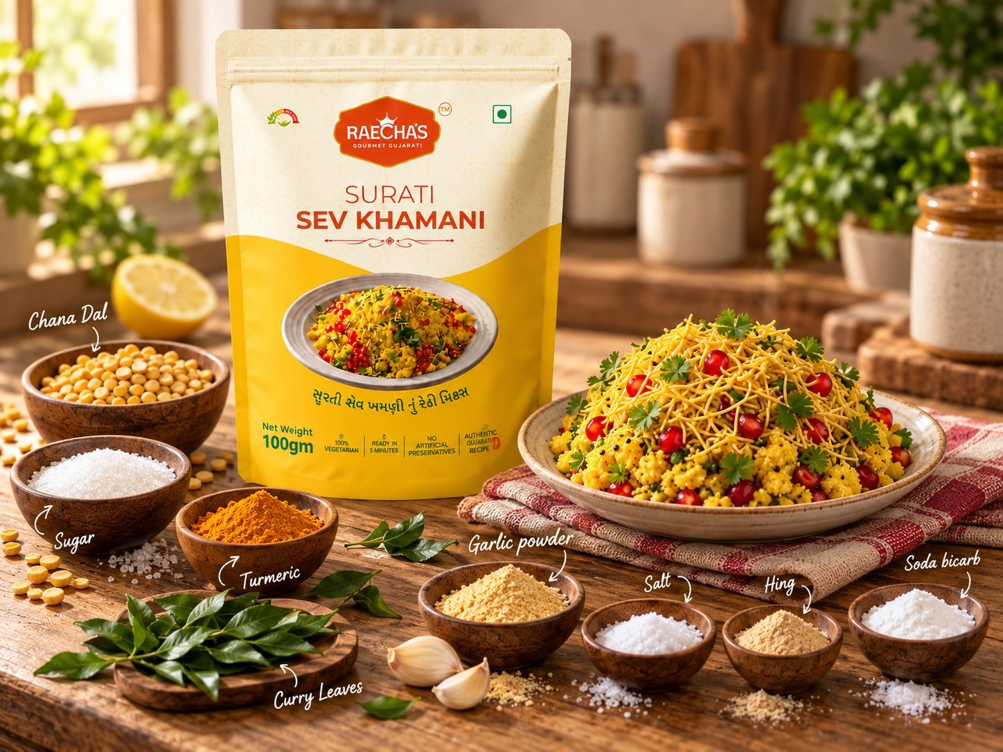 Raecha's Surati Sev Khamani pouch beside the plated dish, with each ingredient laid out and labelled: chana dal, sugar, turmeric, curry leaves, garlic powder, salt, hing and soda bicarb.