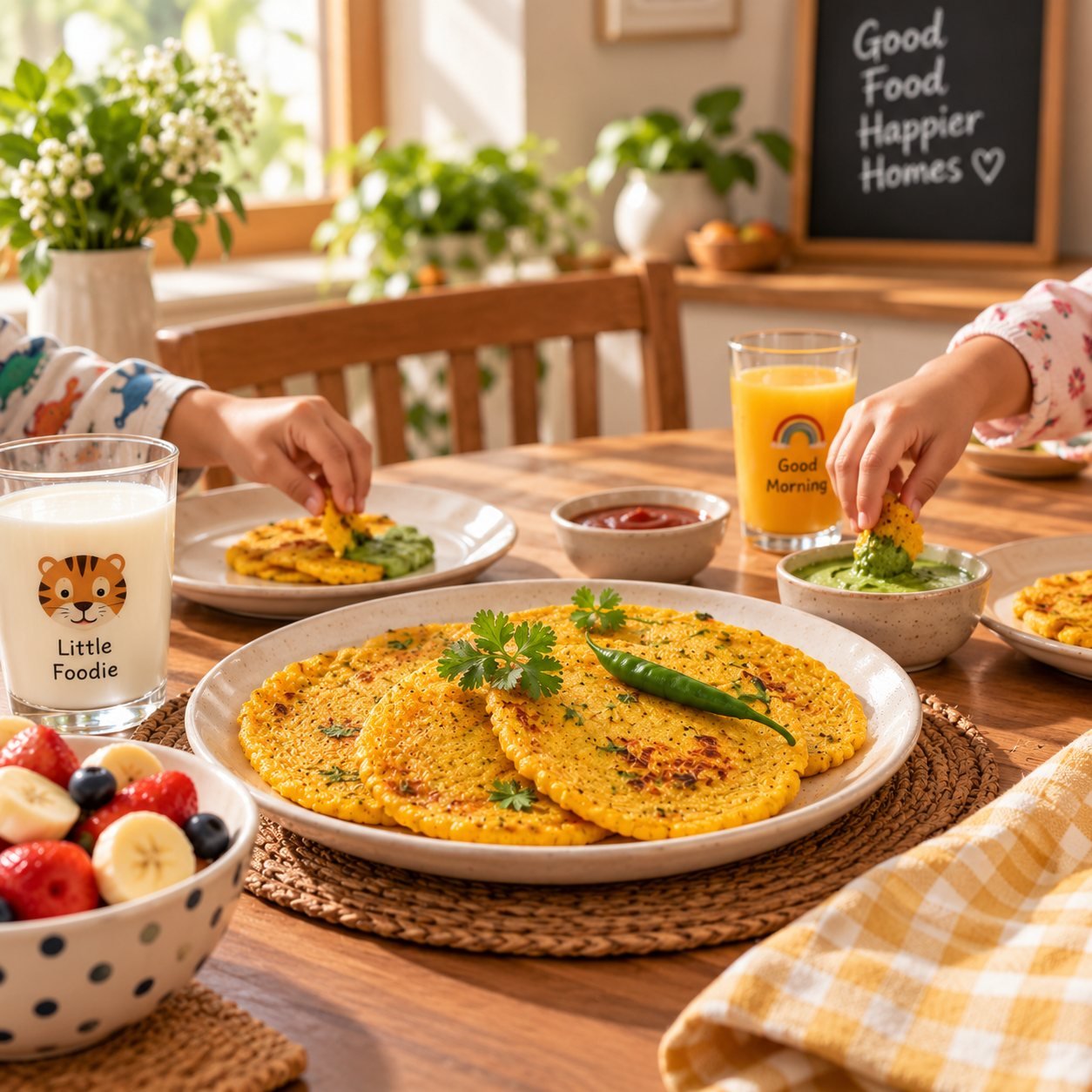 Children reaching for a plate of chilla at a breakfast table.