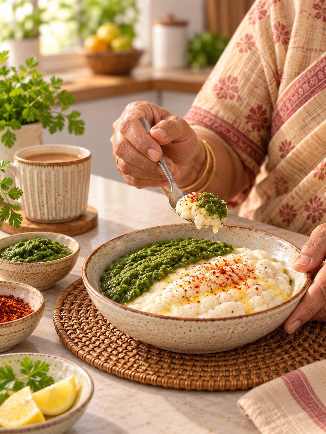 A bowl of farali khichu and green chutney being eaten with a spoon.