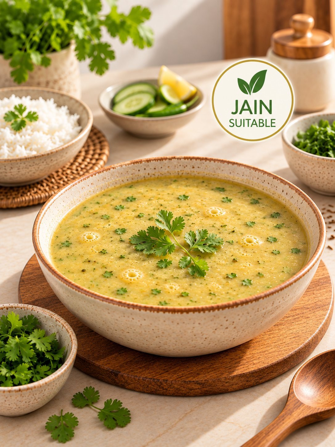 A bowl of pale yellow kadhi with rice and cucumber, marked Jain suitable.