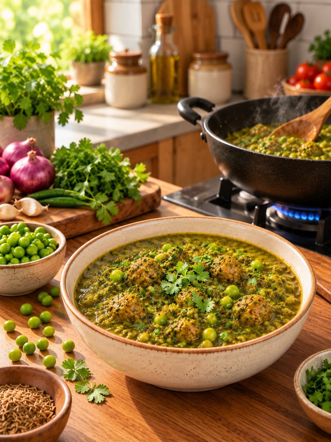 A kadhai of green shaak on the hob beside fresh peas and coriander.