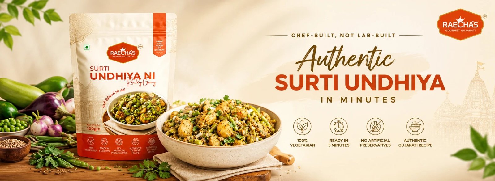 Chef-built, not lab-built: authentic Surti Undhiya in minutes. Raecha's Surti Undhiya ni Ready Gravy pouch beside the prepared dish. 100% vegetarian, ready in 5 minutes, no artificial preservatives, authentic Gujarati recipe.